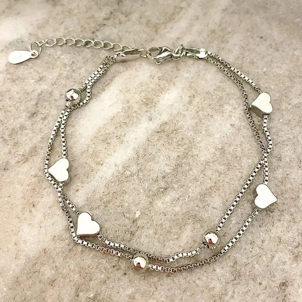 925 Sterling Silver Heart Charm Bracelet Dainty Bead Layer Bracelet